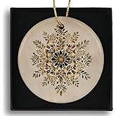 Ebroniah Winter Snowflake Snow Floral Christmas Ceramic Ornaments, Rustic Farmhouse Leaf Hanging Round Holiday Ornament Decor, Botanical Boho Beige Gifts Keepsake for Women Car Window Decorations 3in