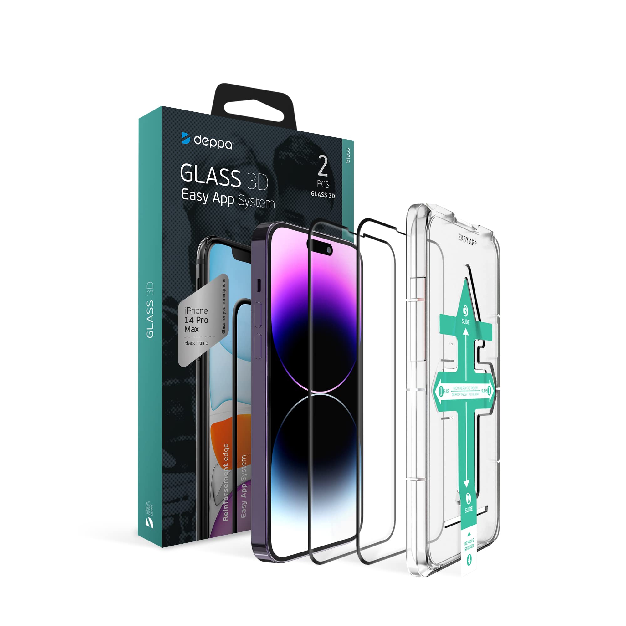 Deppa |2 Pack| Premium Screen Protector for Iphone 14 Pro Max Tempered Glass 3D Edge to Edge Full Coverage |Case Compatible| with Easy Install Kit Tray [Video Guide] (Clear, 14 Pro Max (6.7')) — image 1