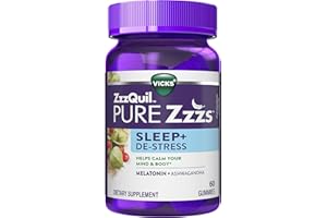 ZzzQuil PURE Zzzs De-Stress Melatonin Sleep Aid Gummies, Helps Calm Your Mind and Body, Ashwagandha for Stress Support, Sleep Aids for Adults, 1 mg per gummy, 60 Count