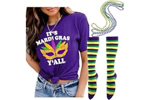 YOKVAN Mardi Gras Women Short Sleeve T-Shirts Gold Green Purple Masquerade Party Outfit Costume Accessories Set