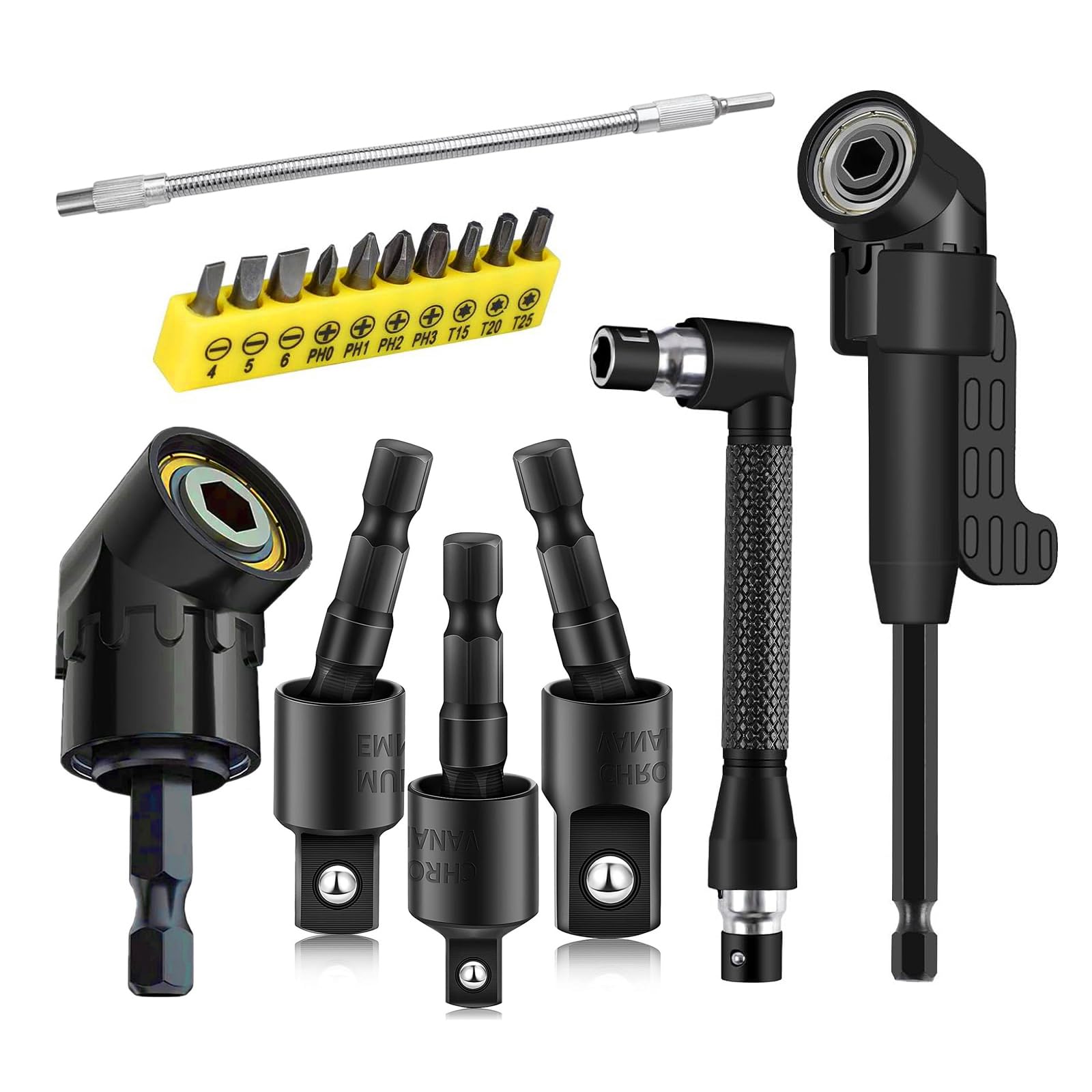 Photo 1 of 17Pcs Tools Flexible Drill Bit Extension,Include 3Pcs Rotatable Socket Adapter 2Pcs Hex Shank 105° Right Angle Drill Attachment 10 Short Screwdriver Bits 90° Angled Bits & Bendable Drill Bit Extension