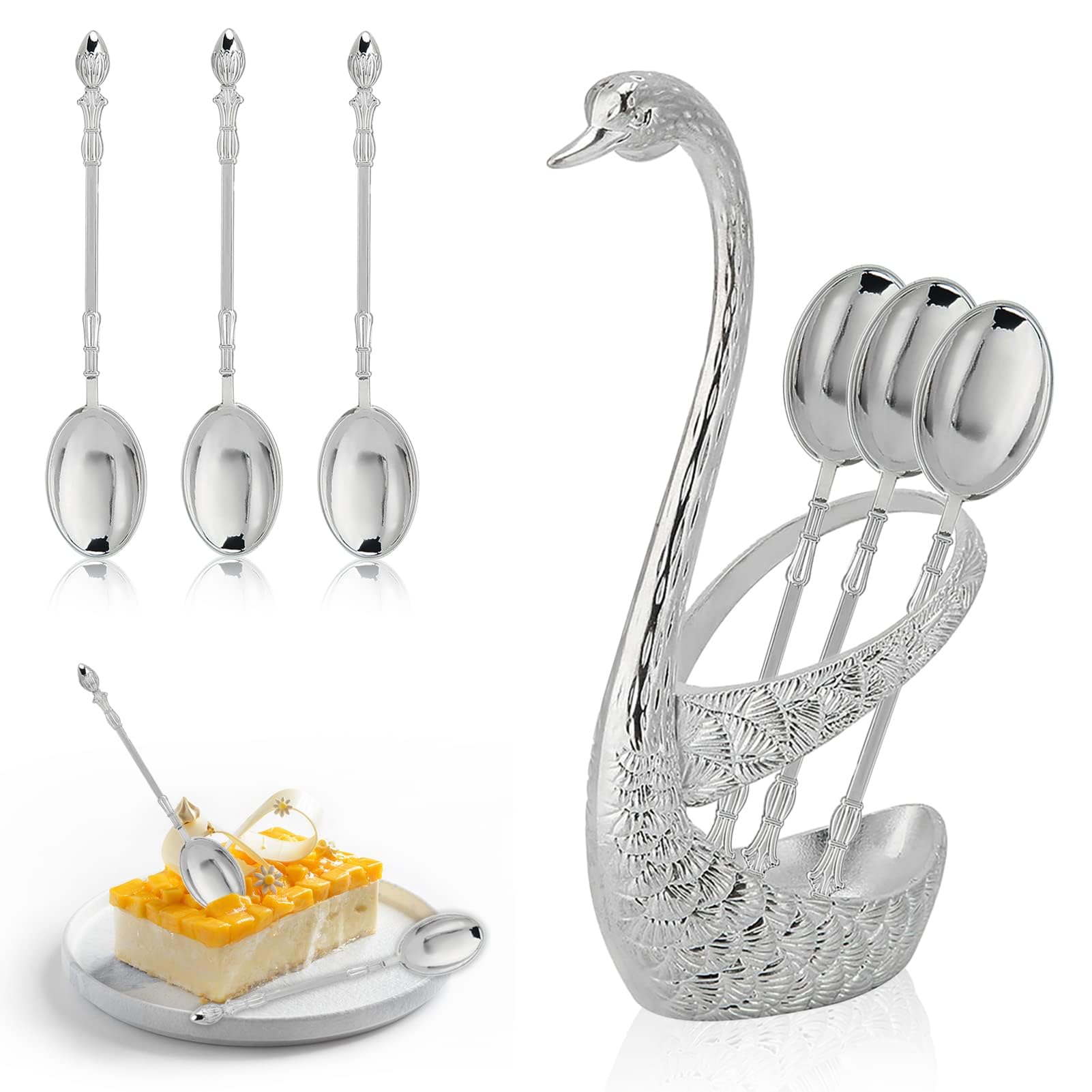 6Pcs Coffee Dessert Spoon Set,Stainless Steel Swan Base Dinnerware Set Cake Spoon Teaspoons Flatware Set for Salad Cocktail