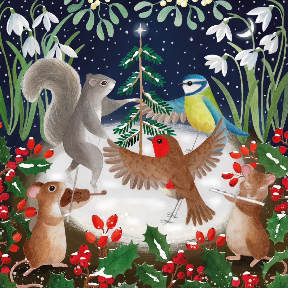 Museums & Galleries Charity Christmas Cards - Wildlife Dancing Around the Tree Winter Scene - Eco-Friendly and Recyclable - Pack of 8 Cards