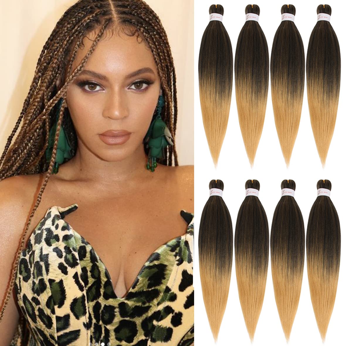Leeven Ombre Brown Pre-Stretched Hair for Box Braids With Hot Water Setting - 8 Packs EZ Extension for Women - 20 Inch T27#