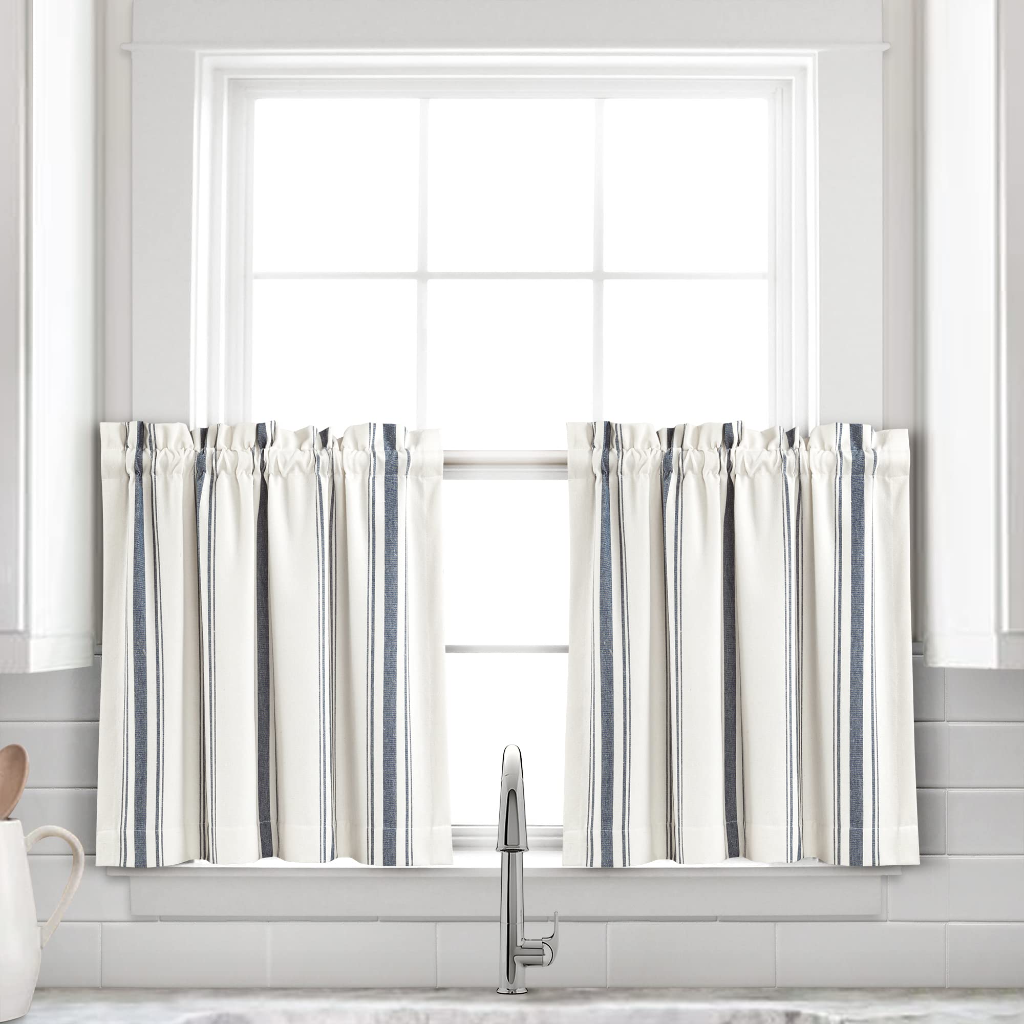 Lush Decor Farmhouse Stripe Yarn Dyed Recycled Cotton Window Curtain Kitchen Tiers, Pair, 36" W x 24" L, Navy - Classic Modern Rustic Charm - Eco Friendly Cotton Fabric