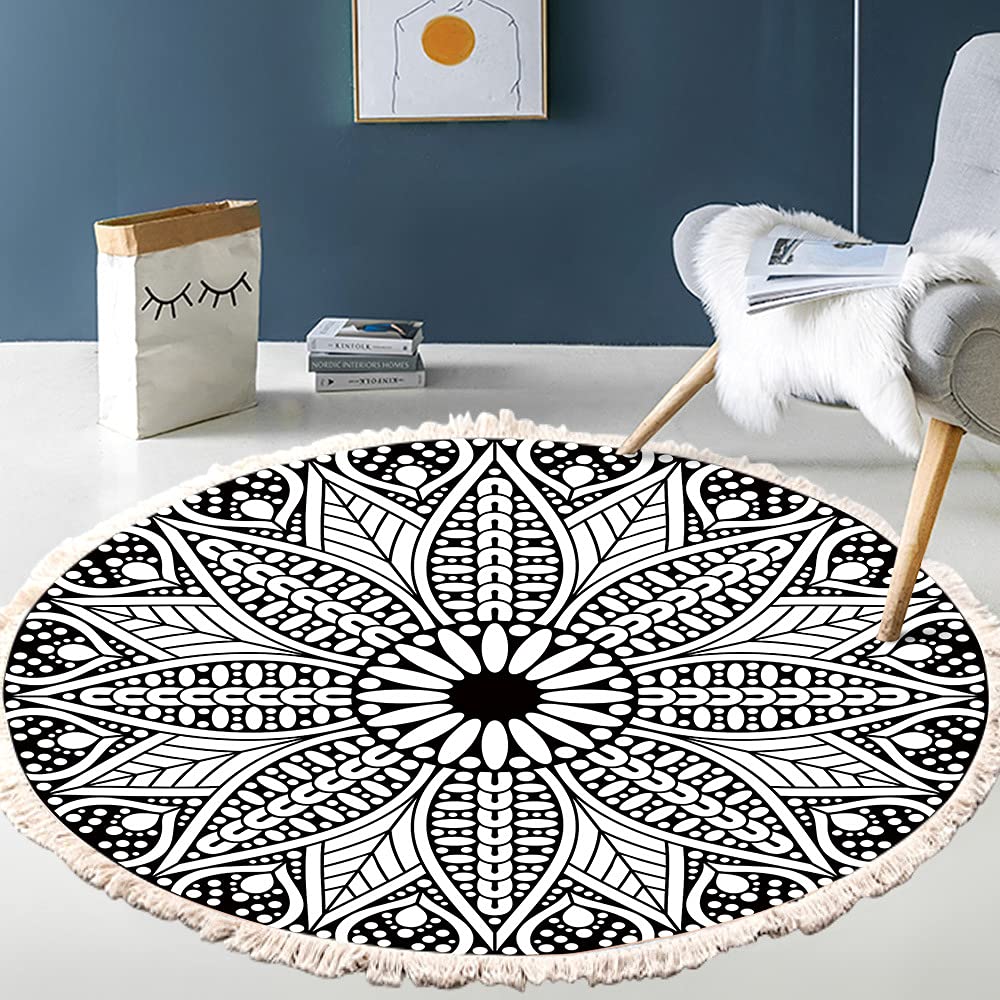 Vintage Boho Cotton Rugs, Mandala Pattern, Washable Hand Woven Bohemian Round Rug with Tassels for Bedroom, Hallway, Living Room, Coffee Table, Doormats, Machine Washable, 80 cm, Flowers #17 — image 1