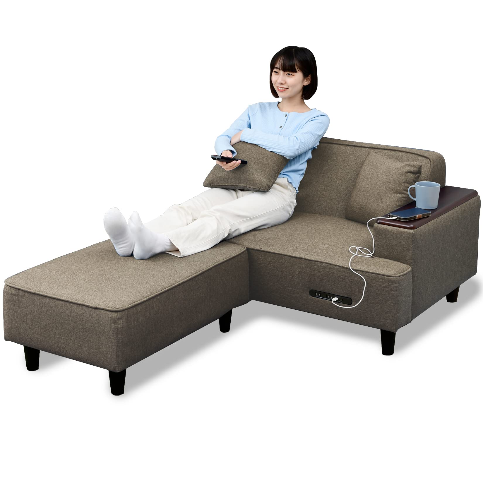 山善(YAMAZEN) ソファ (カウチソファ) 2人掛け 木製肘掛け/2口コンセント/USBポート/クッション2個付き ロボット掃除機が通れる レイアウト自由 幅110㎝ オットマン かんたん組立 ブラウン FHS-160TE (BR) の商品画像