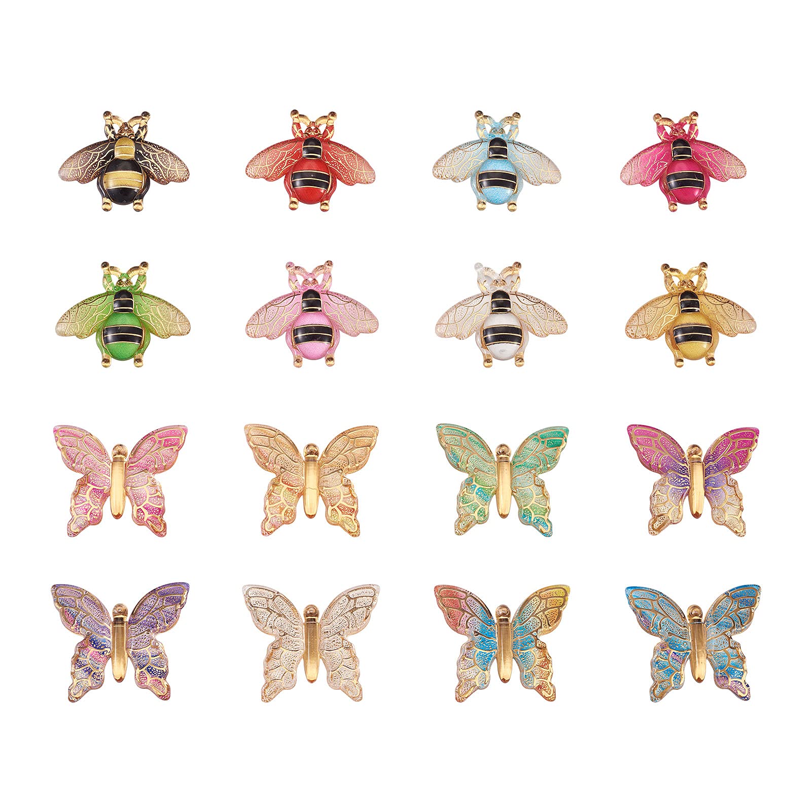 PandaHall 64pcs Acrylic Butterfly & Bee Links Connector 8 Colors Transparent Animal Charms Insect Dangle Pendant with Plated Bottom for Bracelet Necklace Keyring Jewelry Making