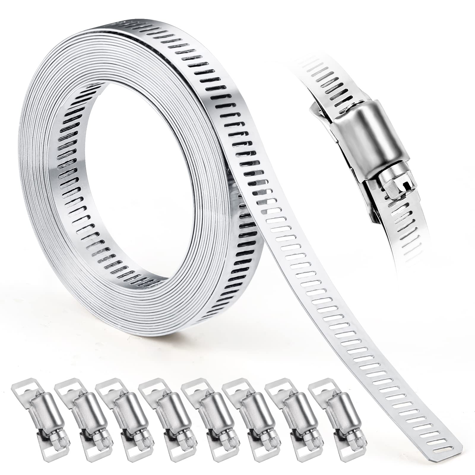 Photo 1 of Hose Clamps, DIY 12.5 FT Metal Strap + 8 Fasteners, Hose Clamps Stainless Steel, Large Adjustable Hose Clamp Pipe Clamp for Pipe Automotive Mechanical Applications