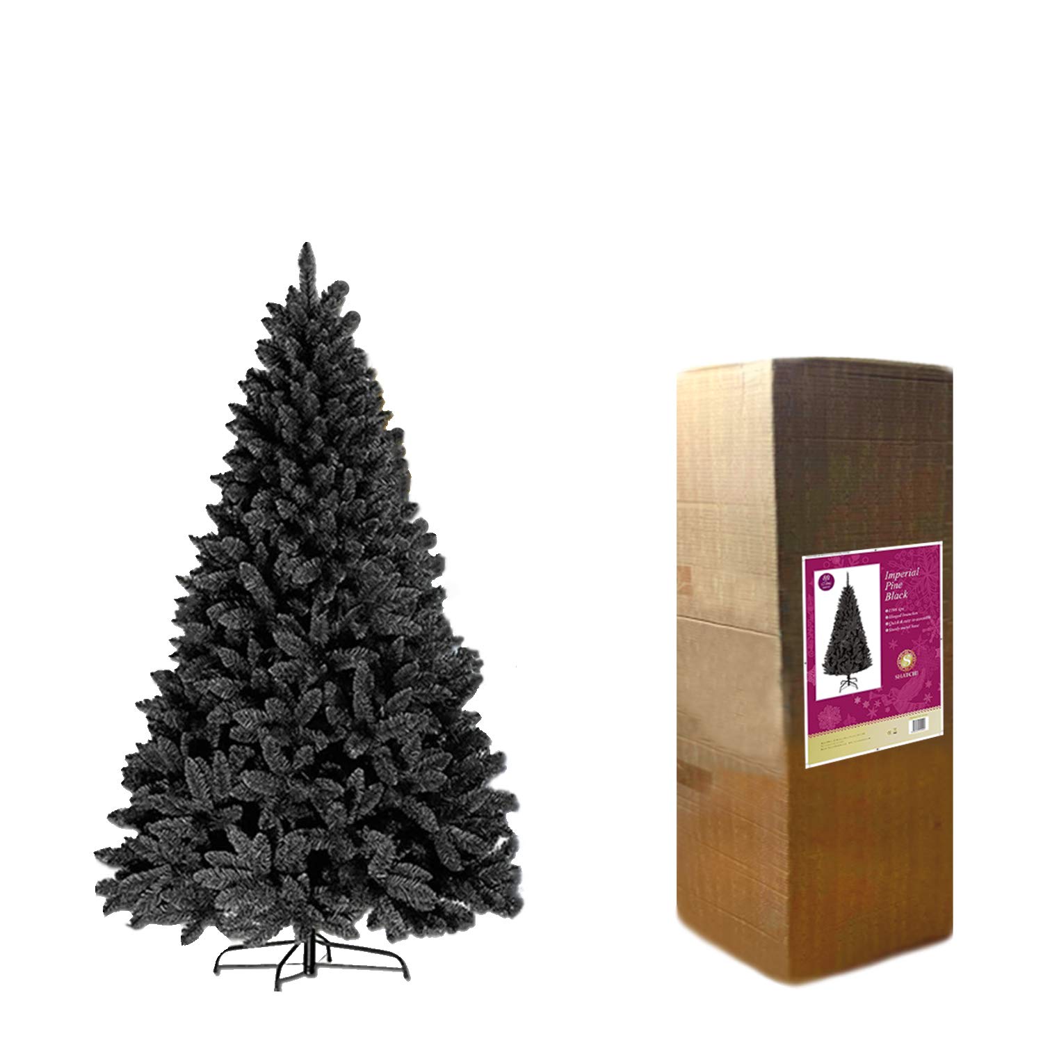 7ft/2.1m Black Bushy Imperial Pine Artificial Deluxe Christmas Tree Hinged Branches 1084 Pencil Point Tips with Metal Stand Xmas Home Decorations