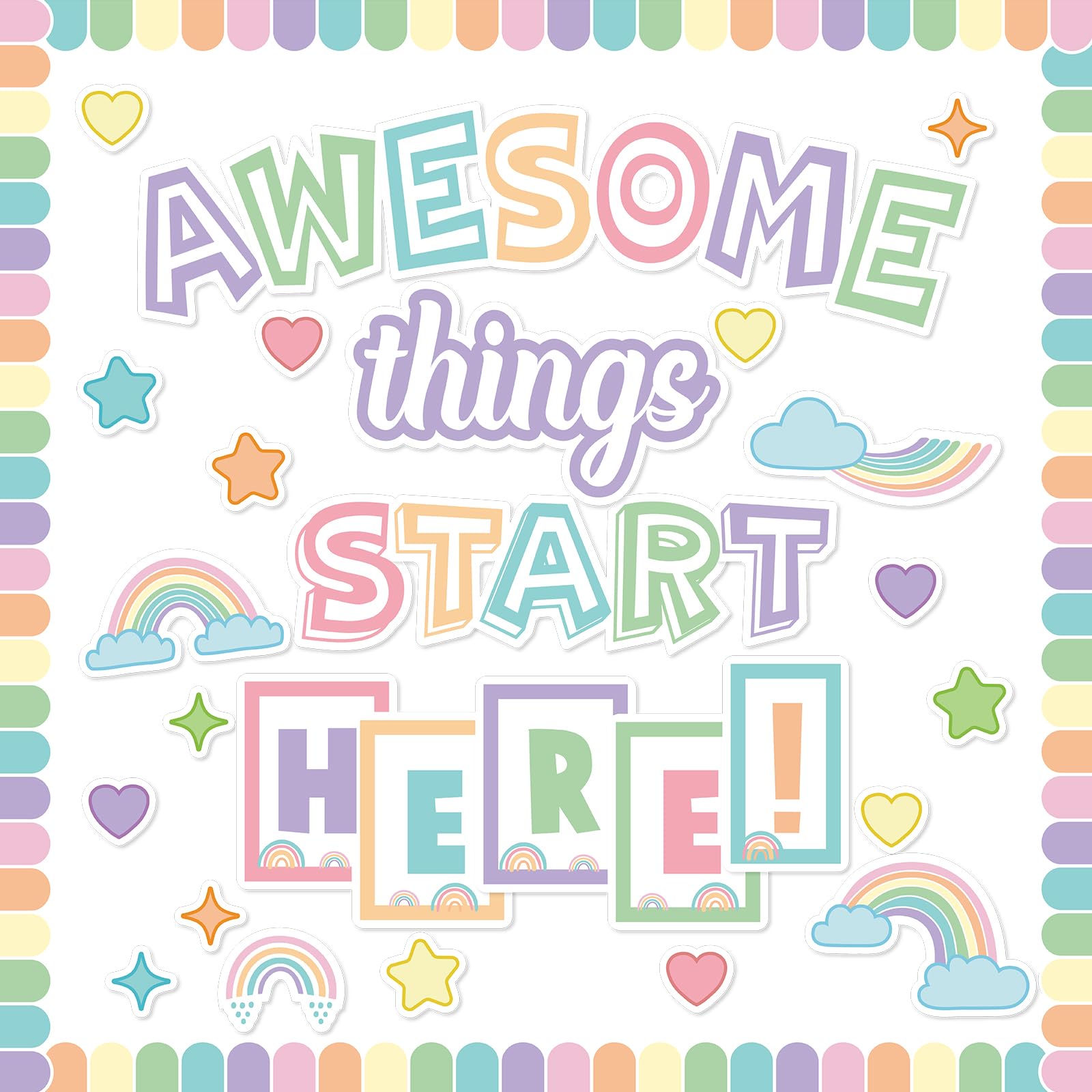 Photo 1 of gisgfim Classroom Bulletin Board Decoration Set Welcome Banner Wall Door Decor Pastel Classroom Decorations for Kindergarten Preschool Elementary and Middle School(Awesome Things Start Here!)