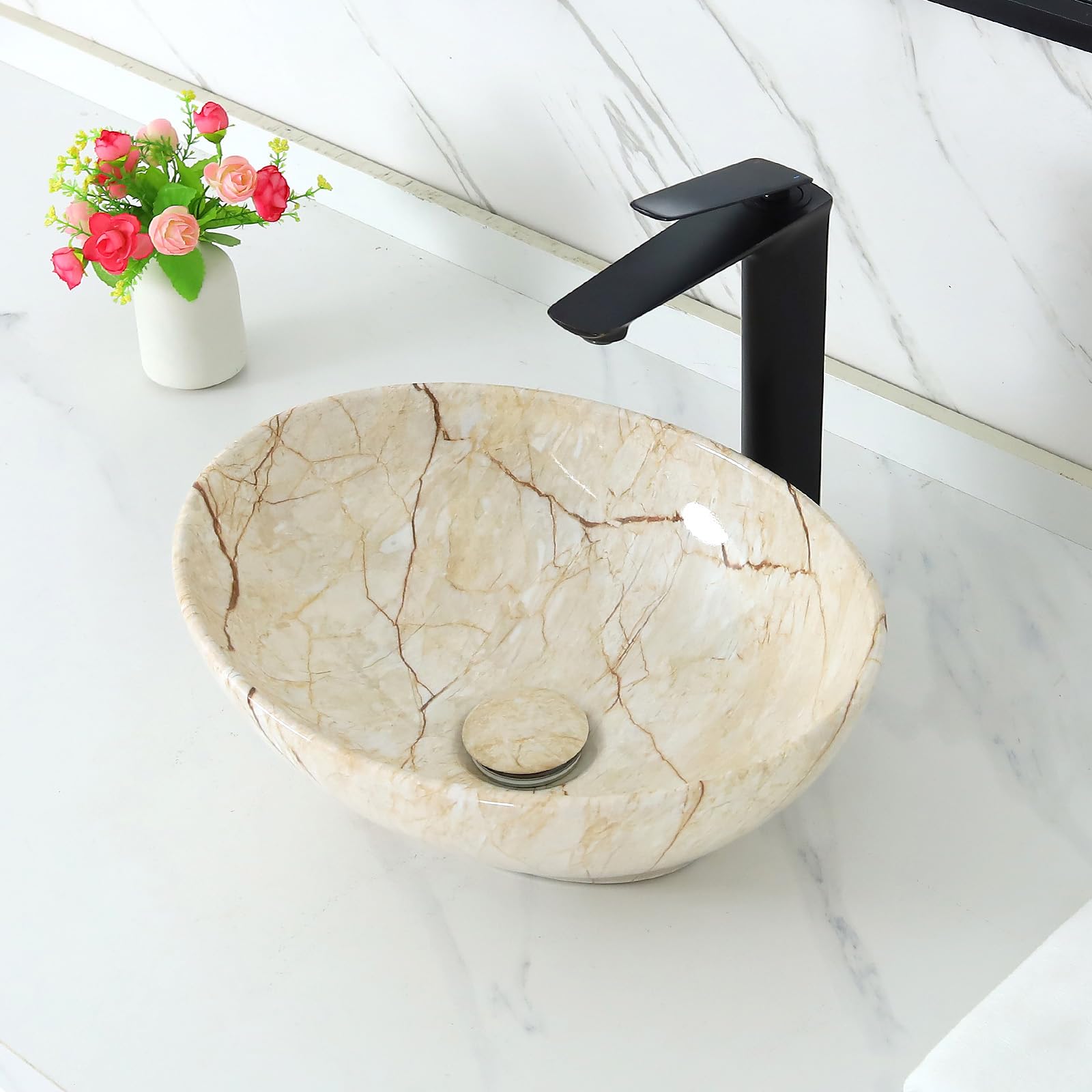 Davivy 16.1"x13" Marbling Bathroom Vessel Sink with Pop Up Drain,Oval ...