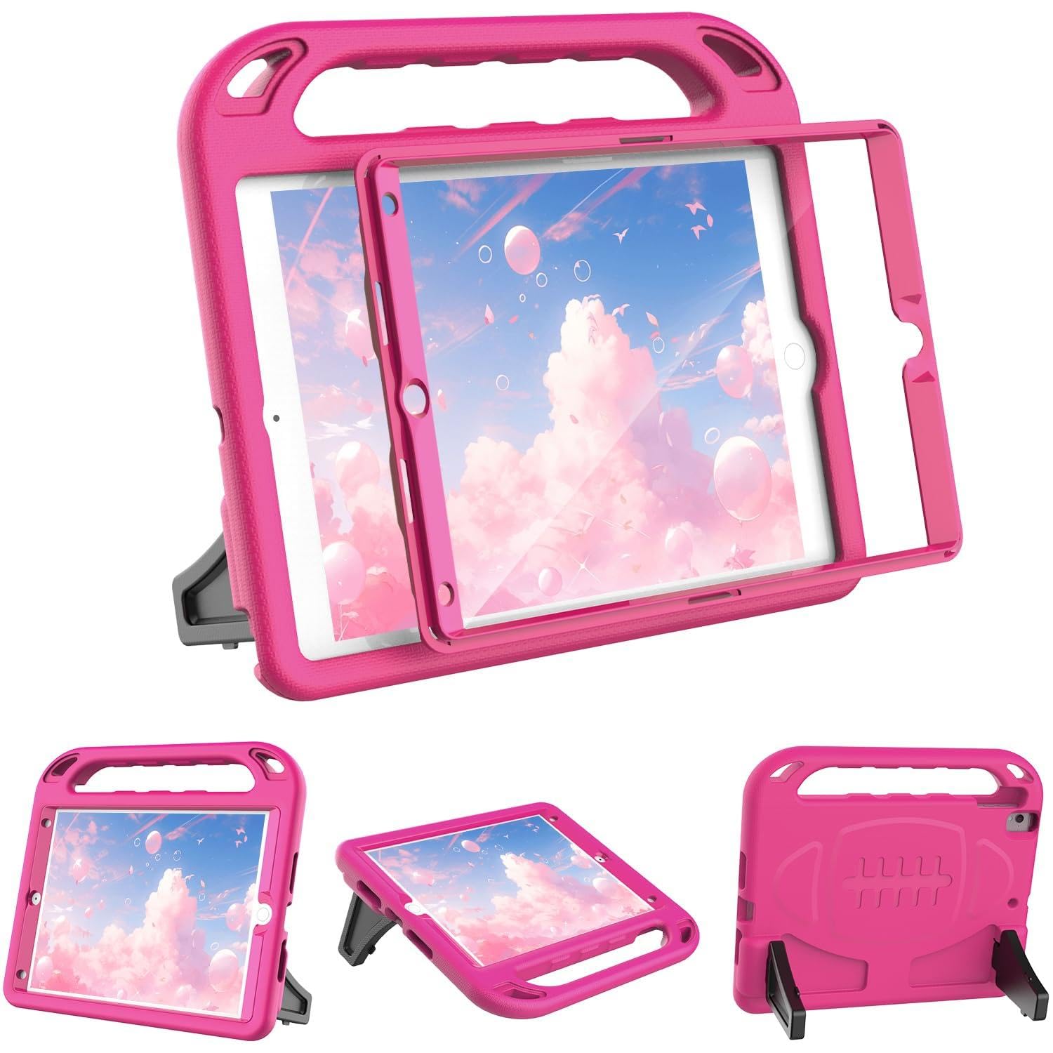 SINSO Kids Case for ipad 9th Generation 2021/ iPad 8th Generation 2020/ iPad 7th Generation 2019 10.2 inch ipad Cover Built-in Screen Protector, Shockproof Convertible Handle Stand, Rose