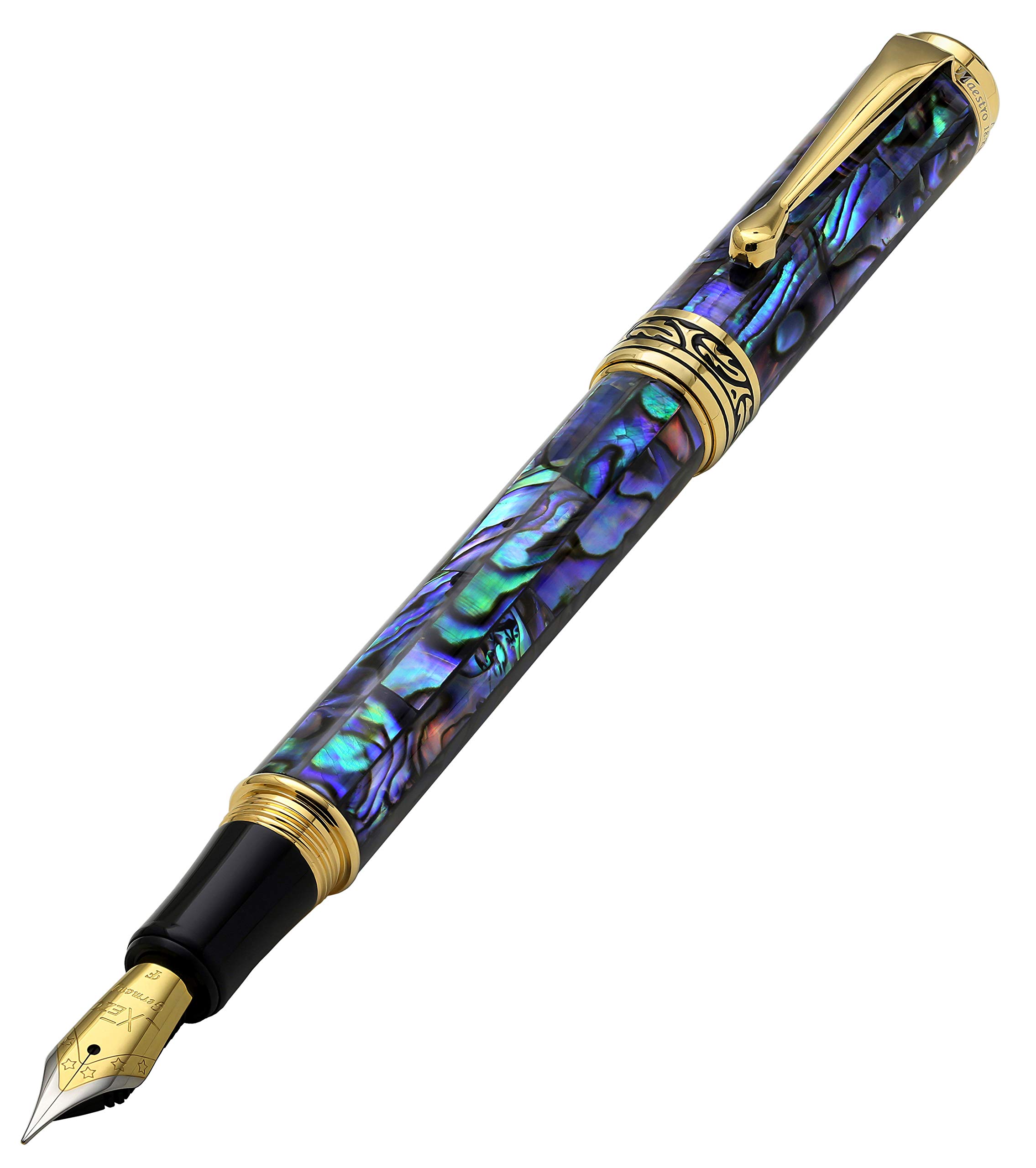 Xezo Natural New Zealand Paua Sea Shell 18-K Gold Plated Fountain Pen with Fine Nib Screw-on Cap (Maestro Sea Shell FPG-1) — image 1