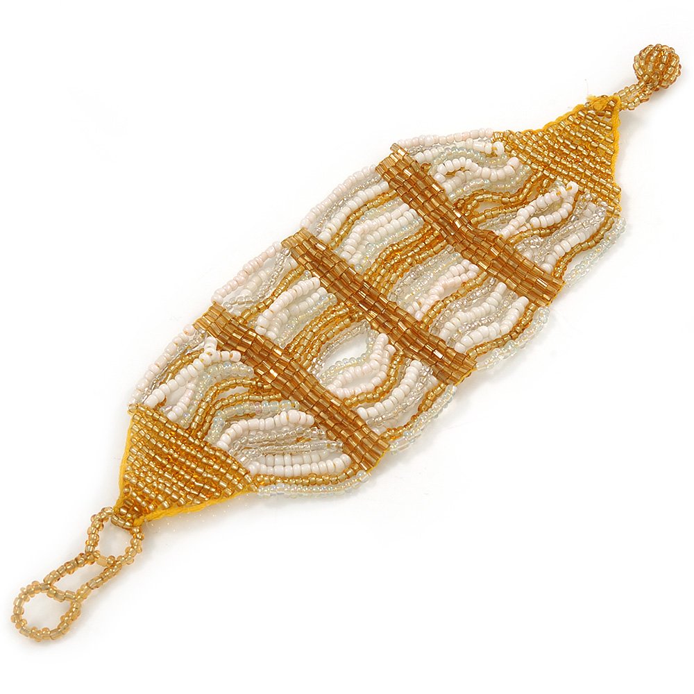 Avalaya Wide Handmade Gold/White/Transparent Glass Bead Bracelet with Loop and Button Closure - 17cm L/ 3cm Ext