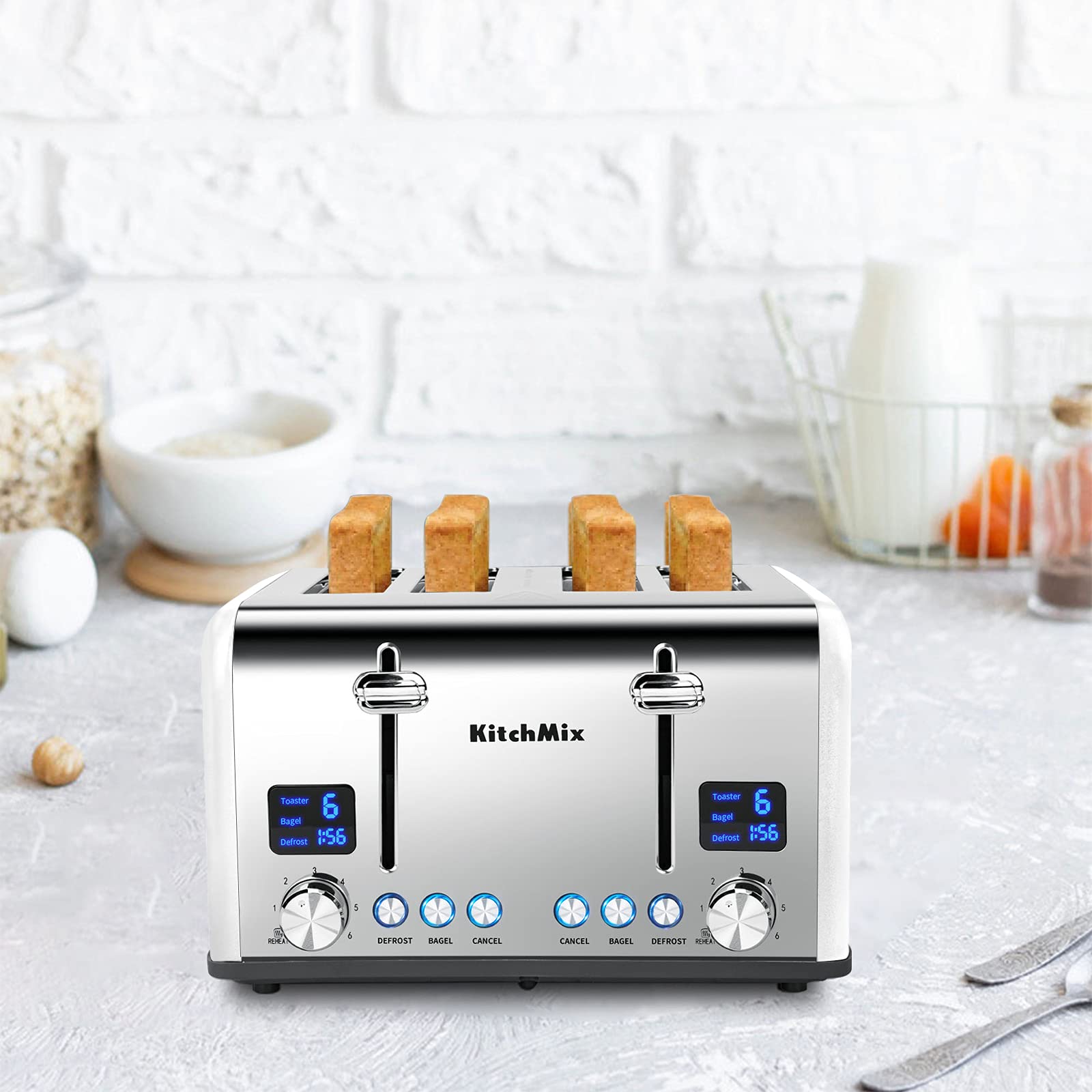 Tostadora de 4 rebanadas, Tostadora KitchMix Bagel de acero inoxidable con temporizador LCD, ranuras extra anchas, pantalla doble, bandeja para migas extraíble (blanco)