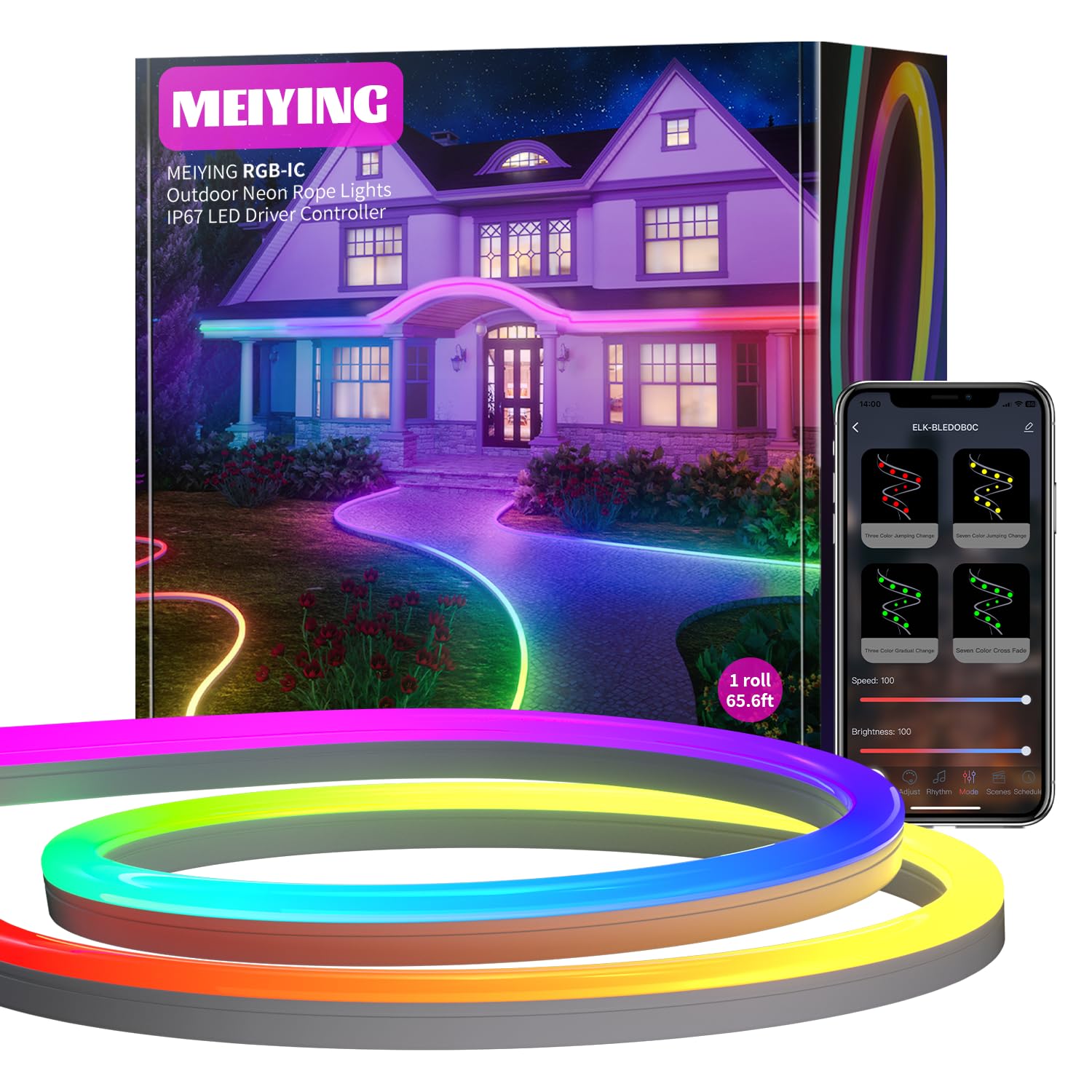Photo 1 of MEIYING Outdoor Neon Rope Lights,65.6ft RGB-IC IP67 Waterproof LED Rope Lights APP Control Remote,Music Sync,84LEDs/m,Outdoor Neon LED Strip Lights for Halloween Pool Deck Yards Eave Decoration