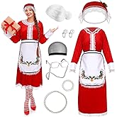 Tisancy 10 Pcs Mrs Santa Costume for Women Classic Christmas Santa Dress Bonnet Apron Wig for Adult Outfit Xmas Cosplay Party