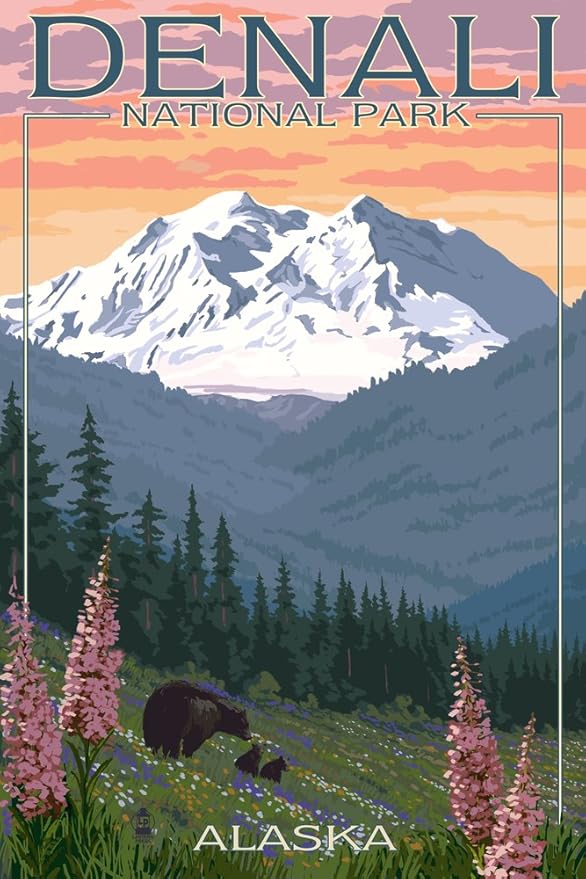 Denali National Park Alaska Bear And Cubs With Flowers 12x18 Art Print Wall Decor National Park Posters Mount Rainier National Park Rainier National Park