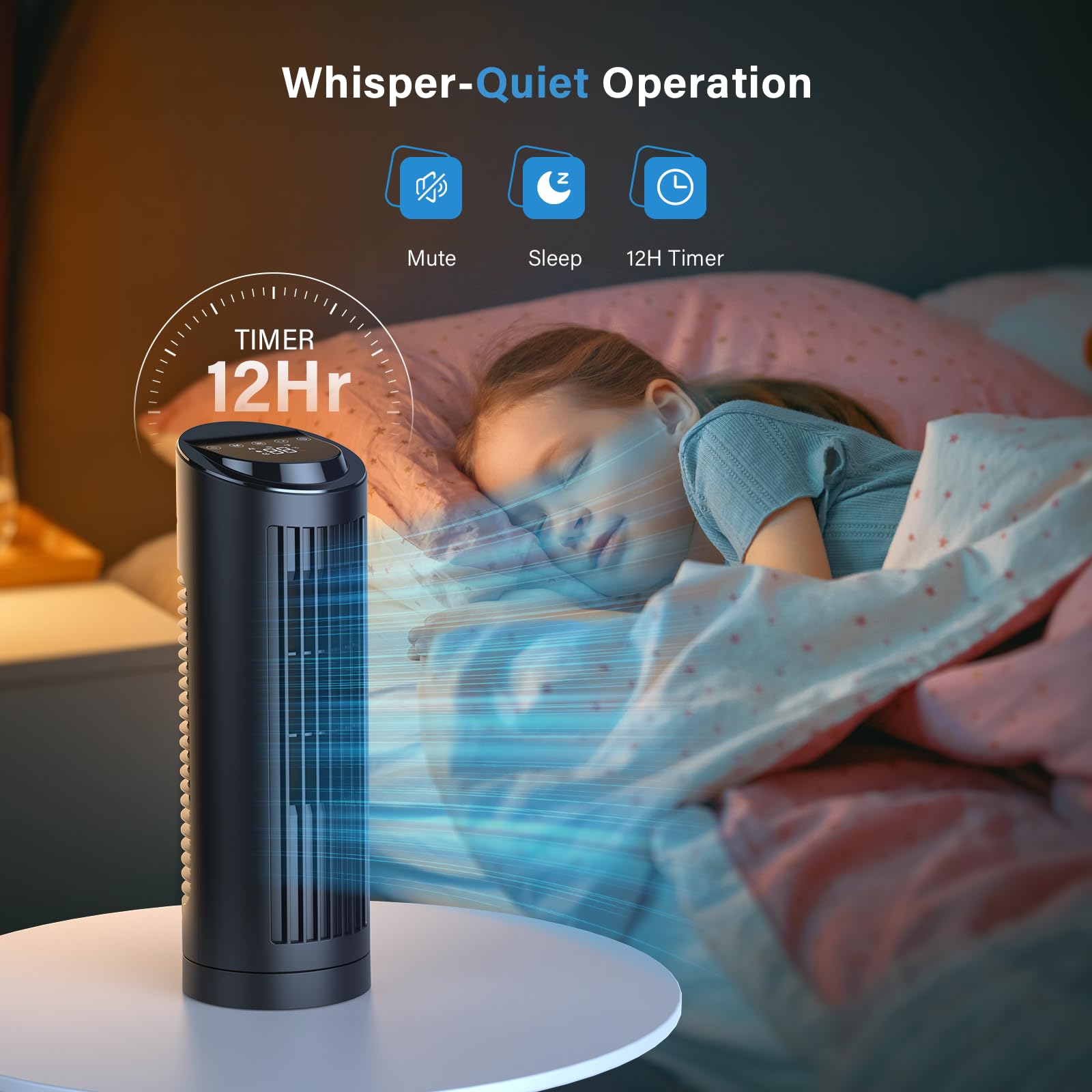 Tower Fan Bladeless with 3 Speeds, 4 Mode [AI, Normal, Natural, Sleep], Table Fan 80° Oscillation, Touch Screen + Remote Control, 12H Timer, 13