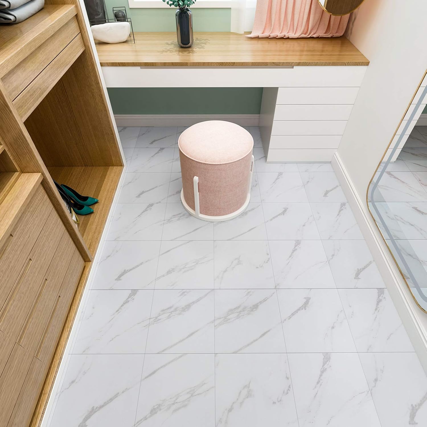 Veelike Vinyl Floor Tiles Peel And Stick 12x12 White Marble Flooring Tiles Self Adhesive Waterproof Floor Vinyl Sticker Tiles Decorative For Bathroom Bedroom Kitchen Wall Basement 4 Pack Flooring Tools Home