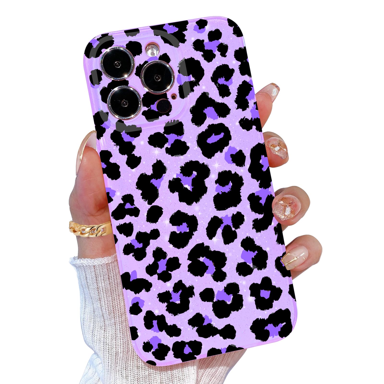 TURYXIA Compatible with iPhone 16 Pro Max Case Glitter for Women Girls Girly Cute Cheetah Pattern Sparkly Bling Slim Soft Phone Cover, Purple & Leopard