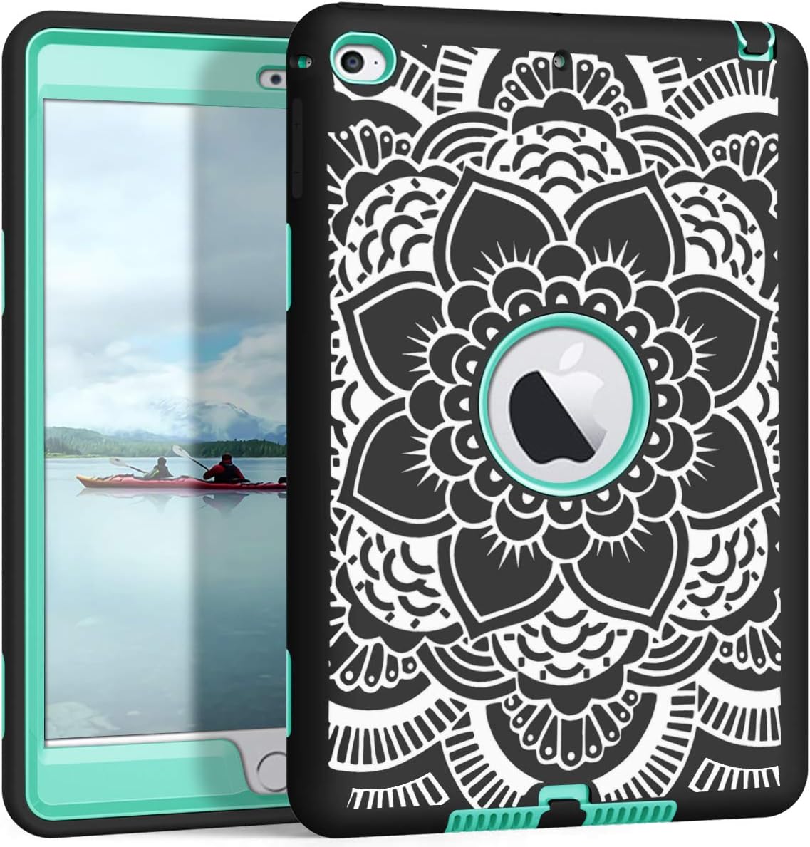 PIXIU iPad Mini 5th/ 4th Case, Three Layer Heavy Duty Rugged Defender Full Body Shockproof Protective case for iPad Mini 5/Mini 4 Flower Black/Mint Green