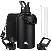 Konokyo Insulated Water Bottle with Straw,87 oz 3 Lids Water Jug with Carrying Bag,Paracord Handle,Double Wall Vacuum Stainless Steel Metal Flask,Black