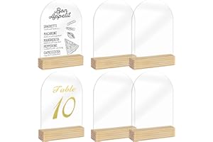 ORGANTEAM Clear Acrylic Sign with Wooden Stand Table Numbers DIY, 10 Pack Acrylic Sheets Table Signs for Wedding, 4x6 Inch Arch Signs Blank for Restaurant Party Bridal Shower (No printing included)