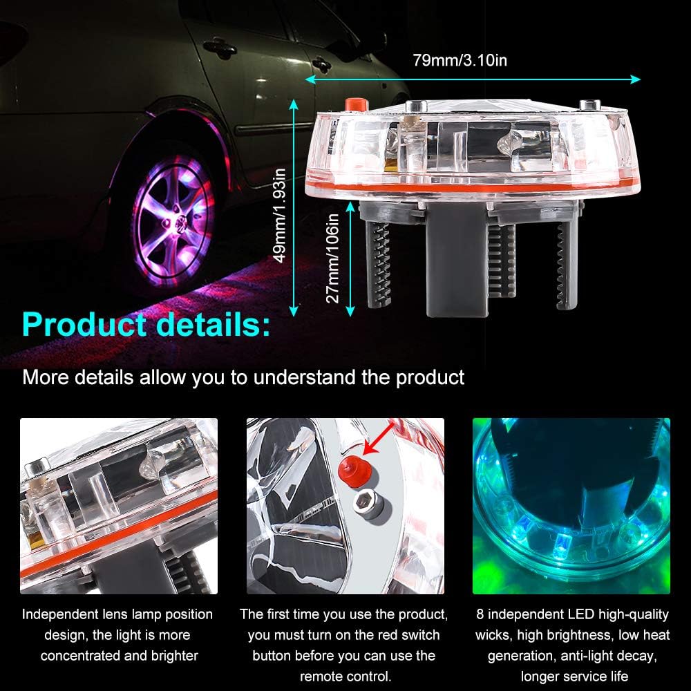Yifengshun Wireless Remote Led Wheel Lights for Car,Flashing Colorful Solar Energy Car Tire Wheel Lights Hub LED Light with Motion Sensors,Waterproof LED Tire Lights for Car Deco-4Pcak: Automotive