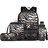 JEOCODY Kids Bookbag Camo Hunting Deer Backpack and Lunch Box Set, Boys Girls American Flag School Bag Water Bottle Holder and Pencil Pouch Girls Daypack Back to School Accessories
