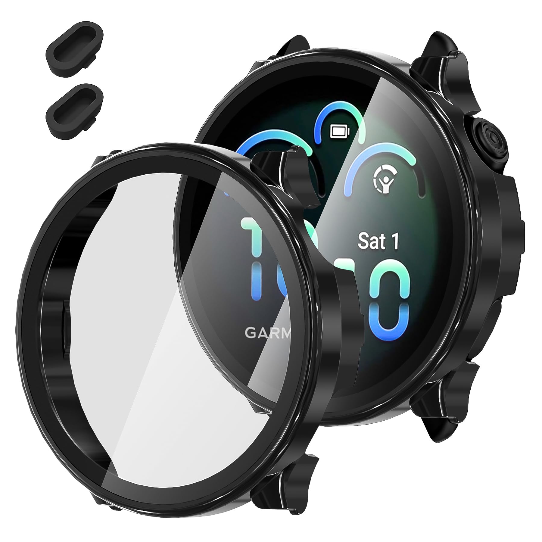 Suoman 2 Pack for Garmin vivoactive 6 Smartwatch Case, Tempered Glass Screen Protector, All-Coverage PC Protective Cover Bumper -Black