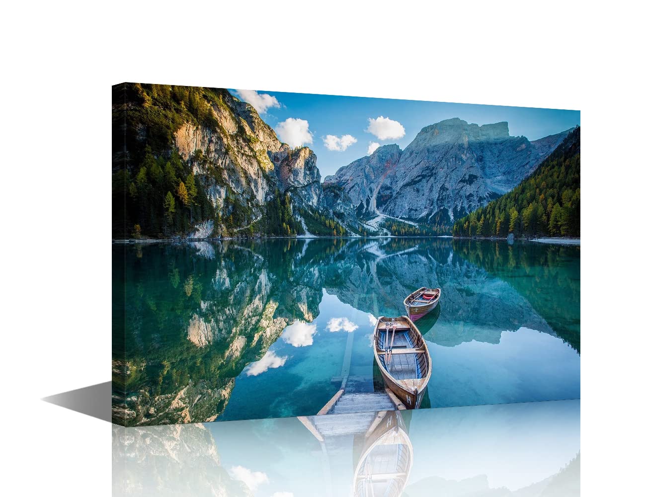Canvas Wall Art Lakeside Boat Lago di Braies Lake Mountains Dolomiti di Brenta Painting Canvas Artwork Nature Picture for Home Office Wall Decor Framed Ready to Hang 12" x 18" — image 1
