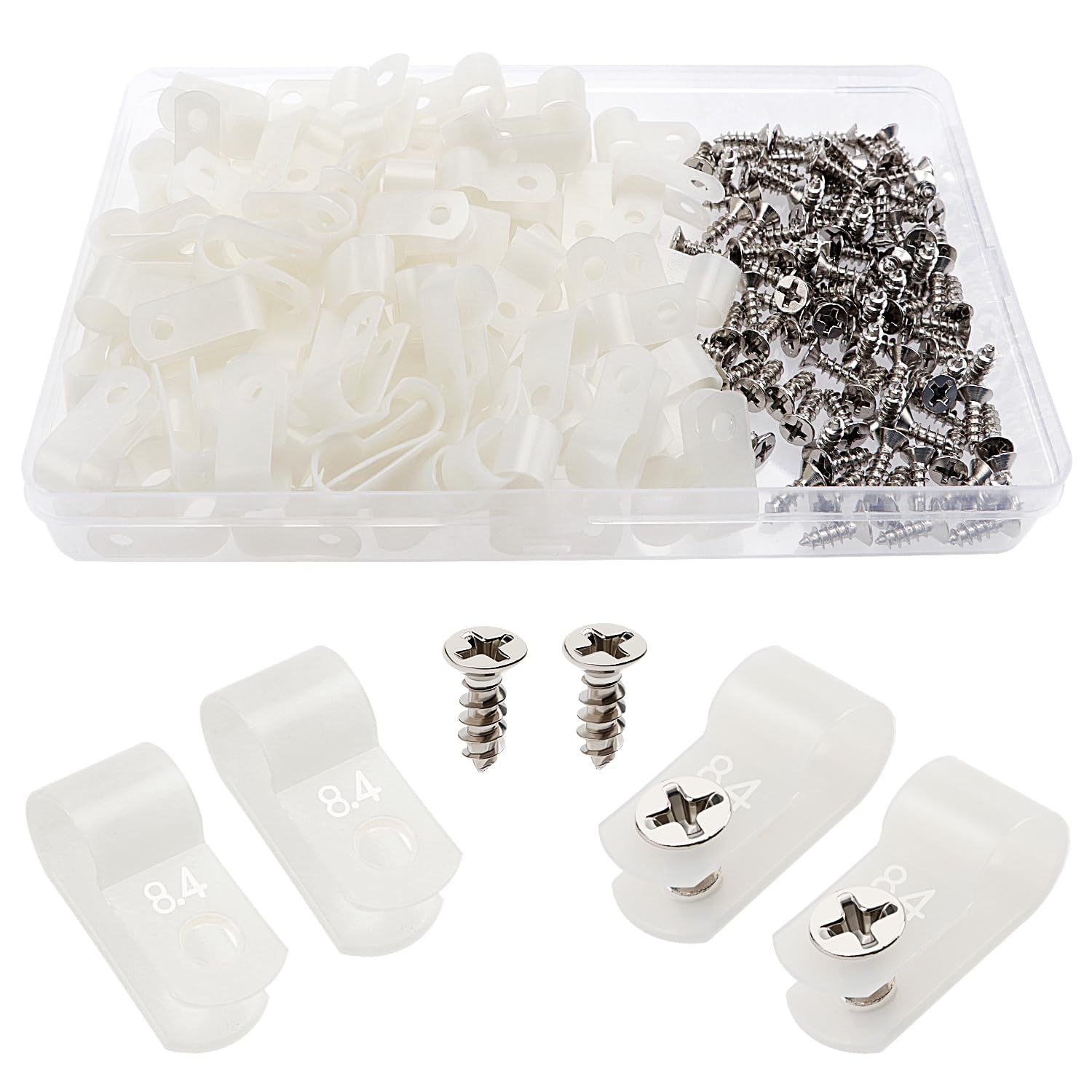 VooGenzek 100 PCS 5/16 Inch R-Type Cable Clip Wire Clamp, Nylon Screw Mounting Cord Fastener Clips with 100 PCS Screws, for Wire Management (White)