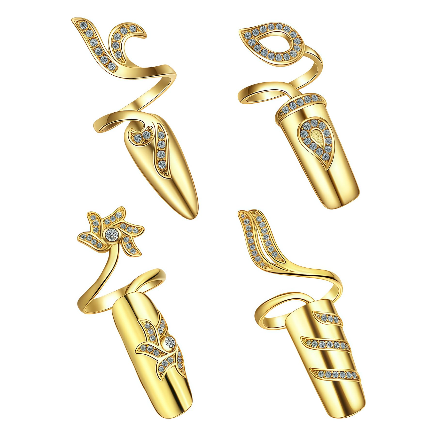 4Pcs Women Fingernail Opening Ring Finger Nail Ring Knuckle Rhinestone Cover Tip Nail Cap Loop Ring for Women Nail Art Charm Fingernail Accessories (Gold) — image 1