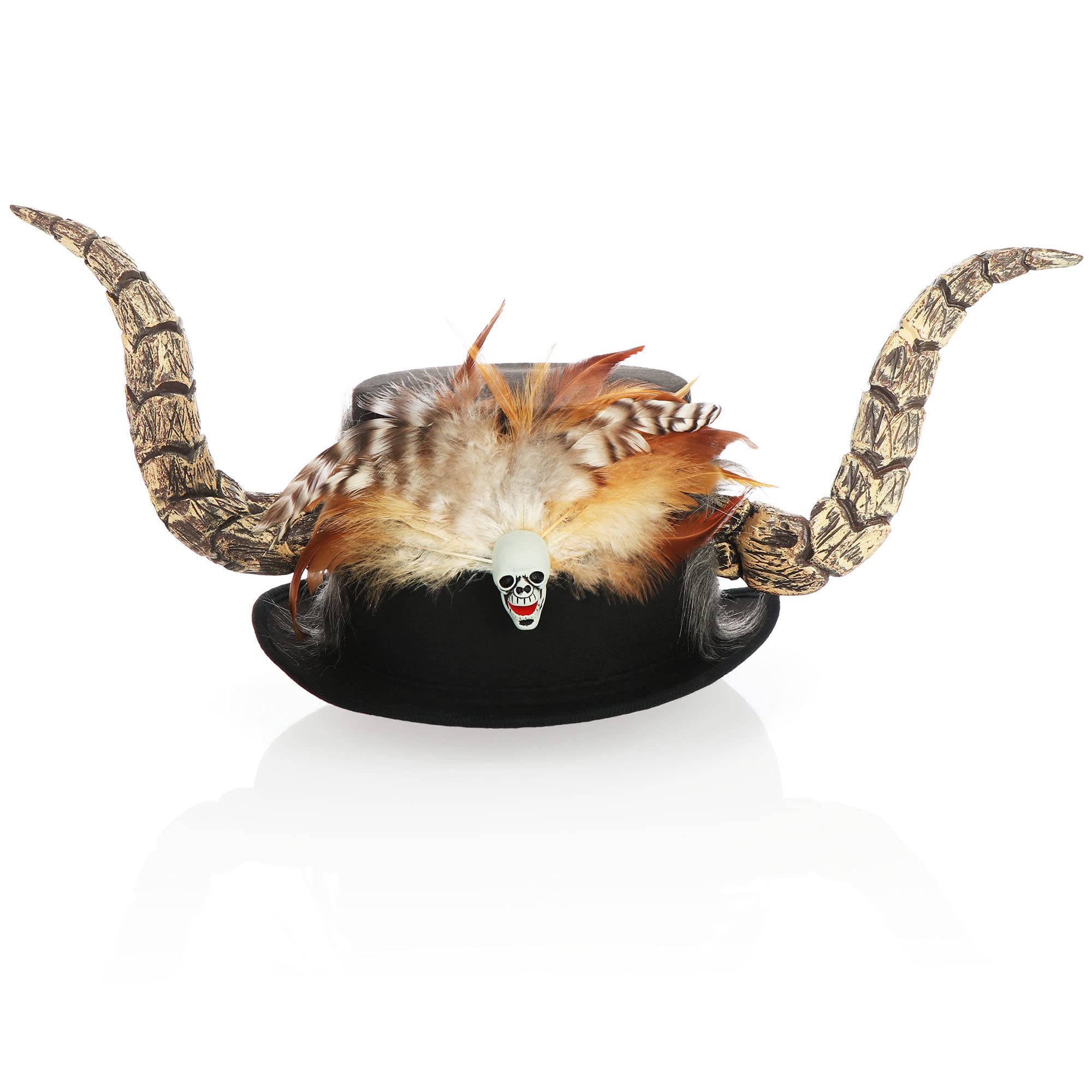 com-four® voodoo hat - headgear for carnival, Halloween and theme parties - black hat with feathers, skull and horns (helle Hörner)