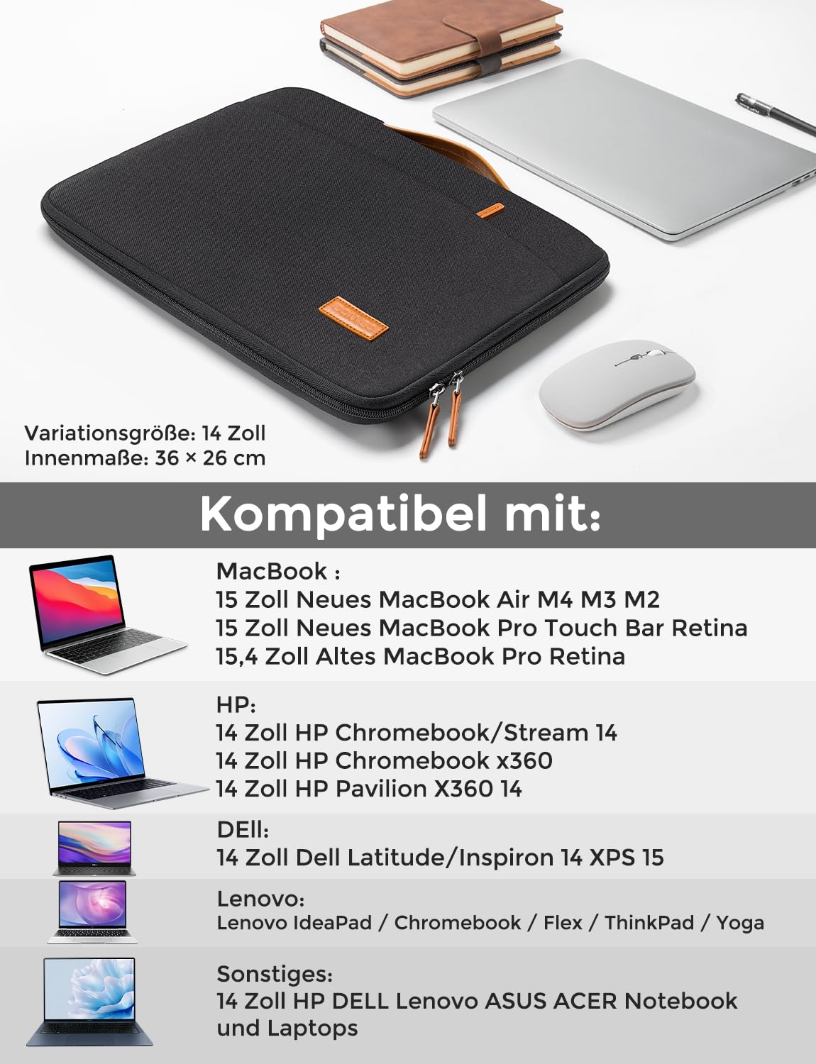 DOMISO Laptoptasche Laptop Tasche Hülle für MacBook Air 15 zoll M5(2026) M4 M3 M2,14-15 zoll HP Dell ASUS Lenovo,Laptophülle Damen Notebook Sleeve Case Bag Schutzhülle mit Griff,Schwarz 3