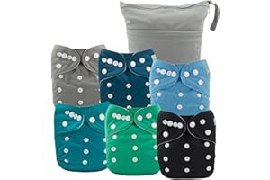 ALVABABY 6pcs Cloth Diaper Covers & 1 Wet Dry Bag, Washable Reusable Diaper Shell for Prefold with Multi-Functional Bag