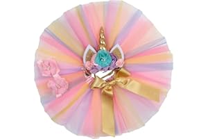 Nishine Toddler Baby Girls Layered Tutu Skirt Dress with Glitter Unicorn Horn Headband Outfit for Birthday Party