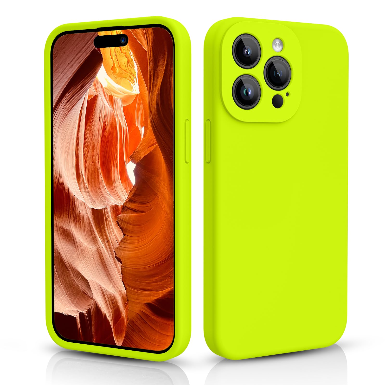 CALOOP Slim-Fit for iPhone 15 Pro Case,Skin Soft Liquid Silicone,Sturdy Hard Frame Shockproof Cover with Anti-Scratch Microfiber Lining,Robust Full Protection for Screen(Fluorescent Green) — image 1
