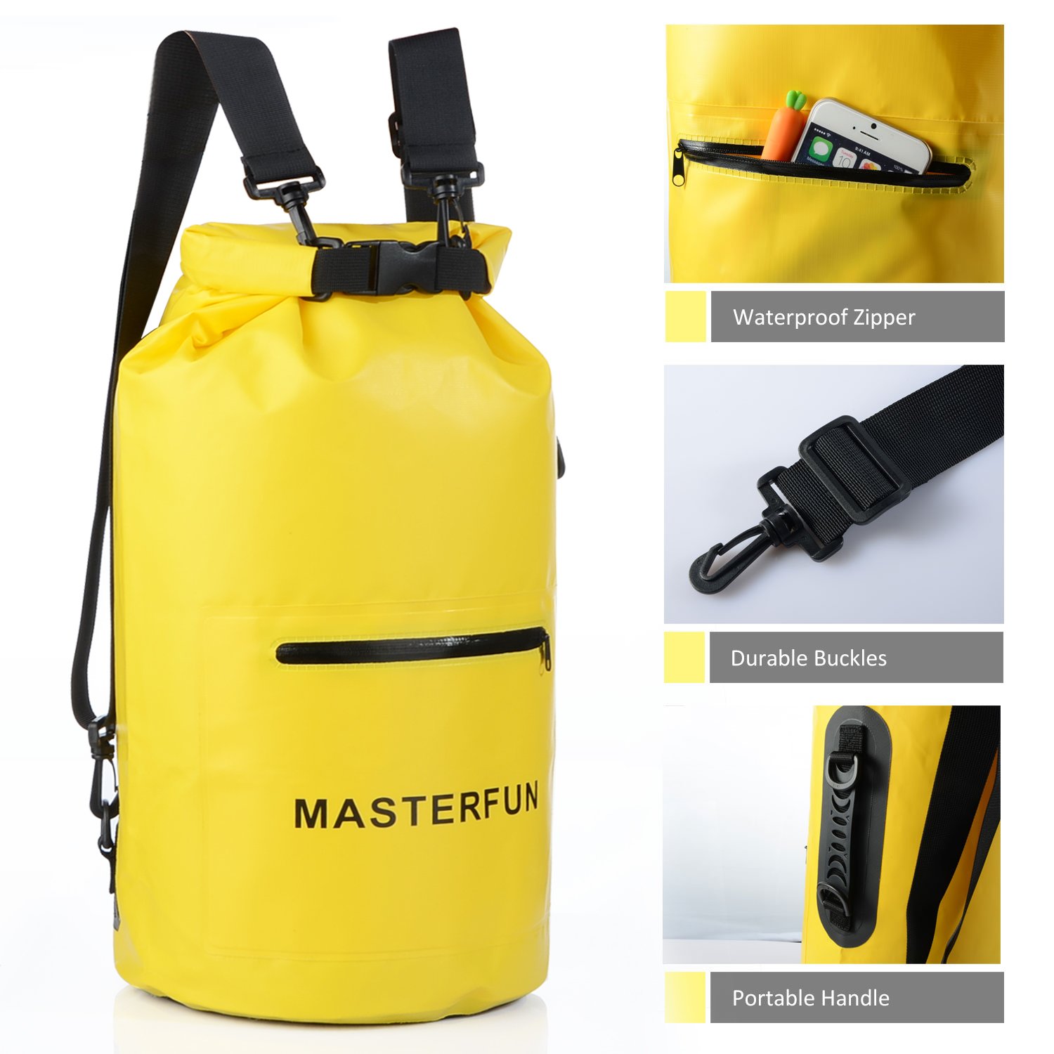 MASTERFUN Dry Bag Waterproof Backpack Gym Sack w/ Exterior Pocket Waterproof Zipper & Shoulder Strap & Handle for Boating Camping Kayaking Yellow 20L