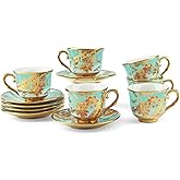 Kytree Tea Cups and Saucers Set of 6, Porcelain Vintage Floral Tea Set for Espresso, Coffee, Mocha, Cappuccino, Women Afternoon Tea Party, Christmas Gift (Green)