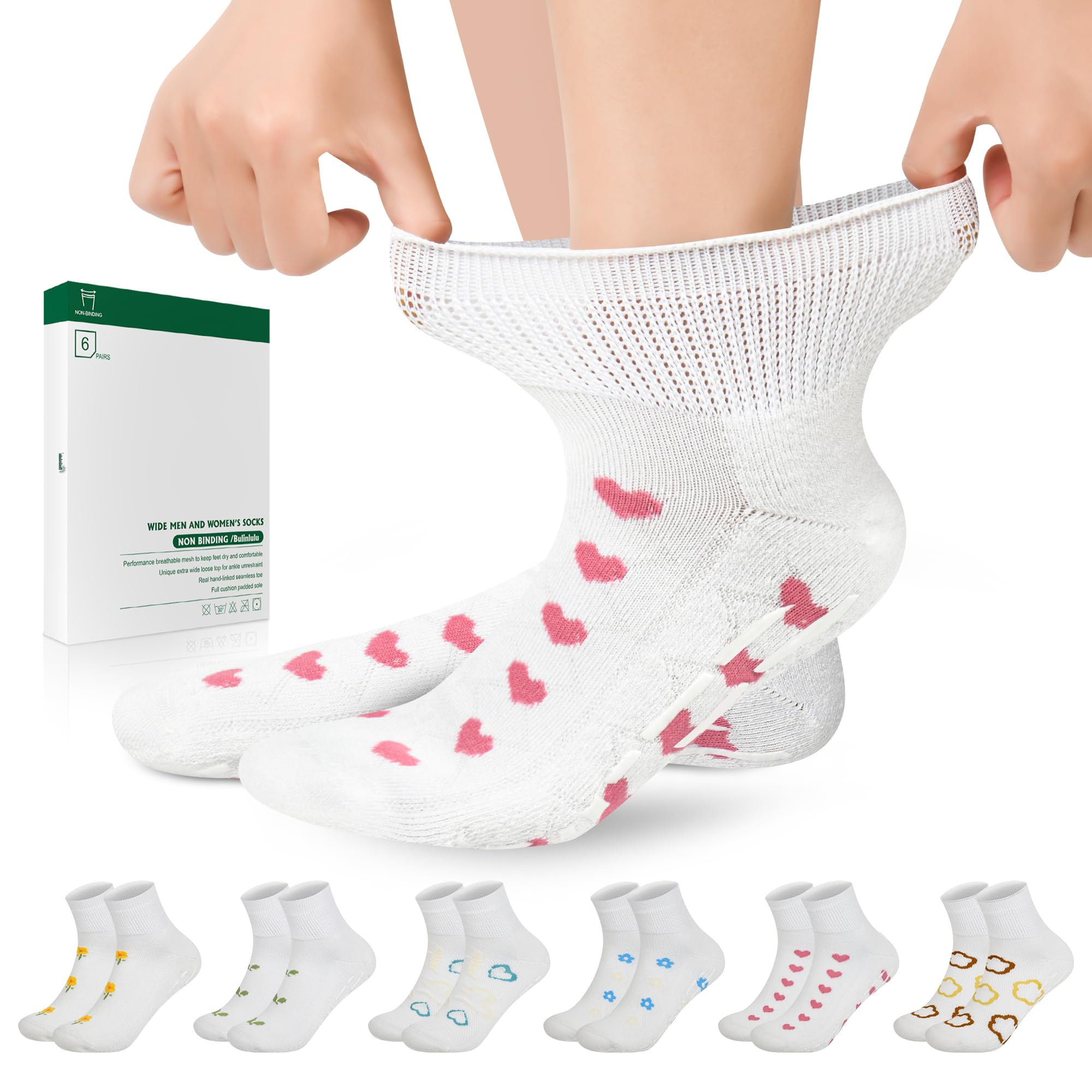 Photo 1 of Bulinlulu Diabetic Socks with Grippers for Men Women,6 Pairs Non Binding Diabetic Ankle Slipper Socks Size 6-9 9-12(Pattern-Medium)