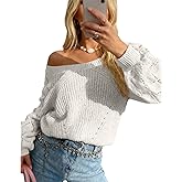 Women's Sweater Crochet Hollow Knit Sweater Crew Neck Lantern Sleeve Pullover Lightweight Tops