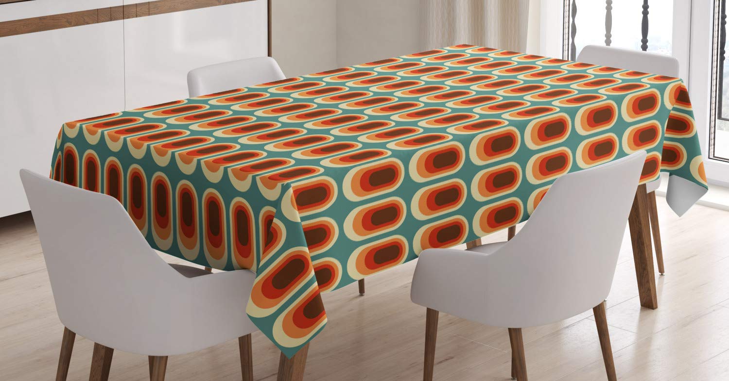 ABAKUHAUS Retro Tablecloth, Vintage Background in Ethno Fashion Colors Abstract Rounded Continuous Shapes Print, Dining Room Kitchen Table Cover, 54" x 66", Teal Orange