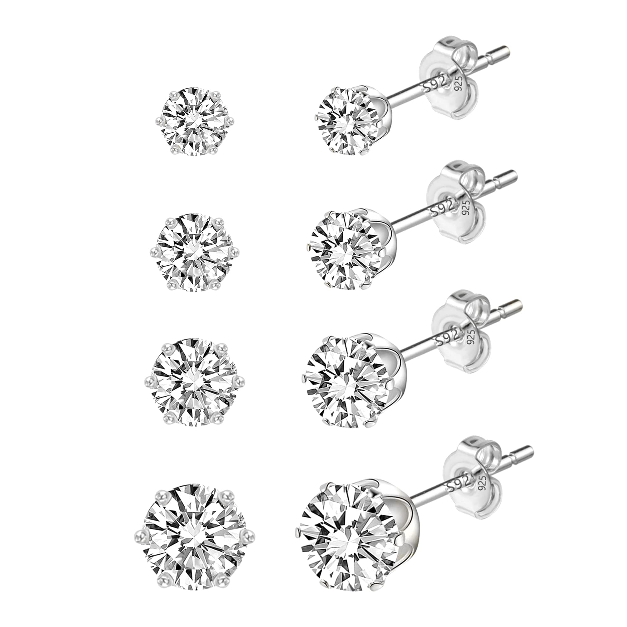 4 Pairs Stud Earrings Round Cubic Zirconia Barbell Earring Set For Men Women, 3MM-6MM, Silver Tone
