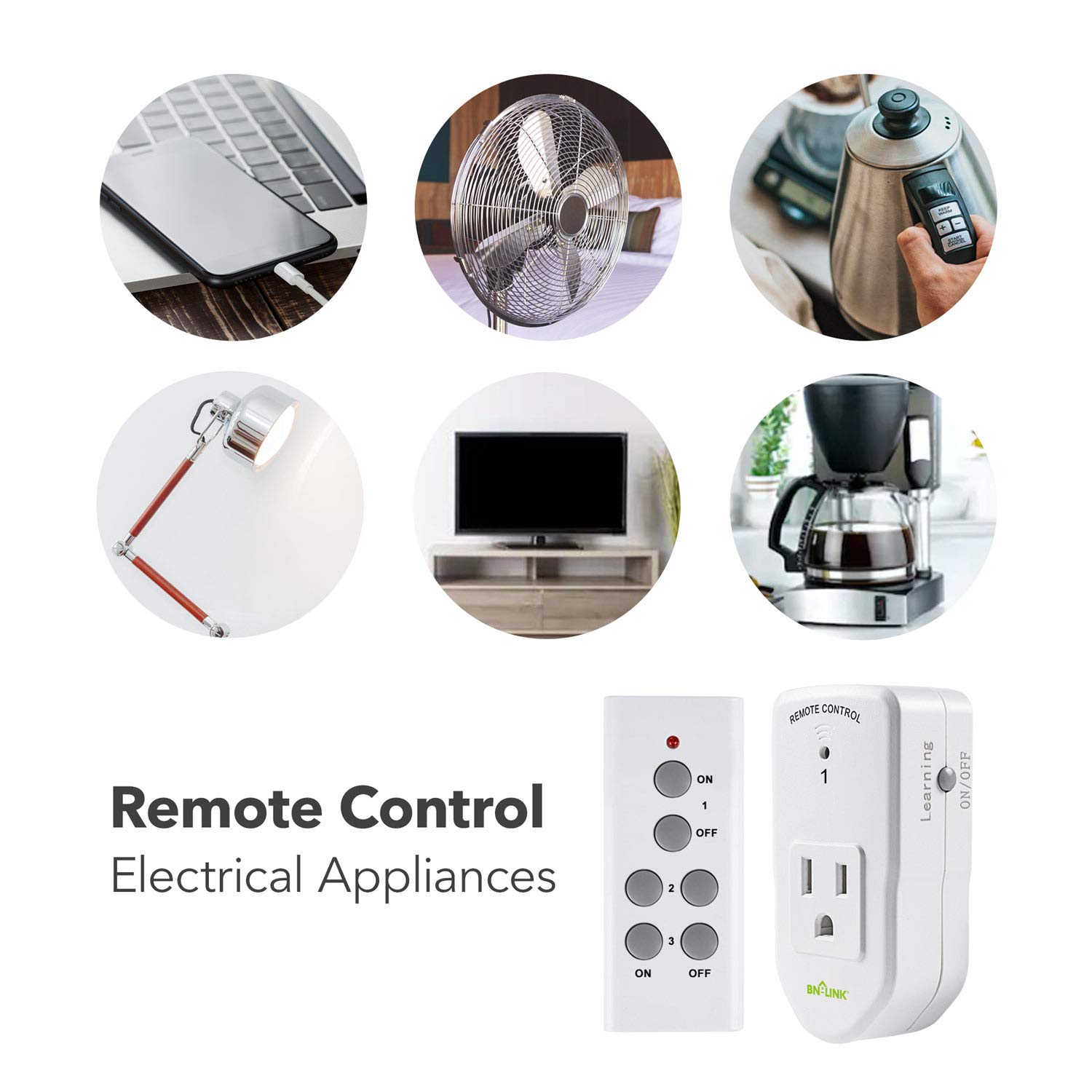 BN-LINK Wireless Remote Control Electrical Outlet Switch for Lights, Fans, Christmas Lights, Small Appliance, Long Range White (Learning Code, 3Rx-1Tx) 1200W/10A: Industrial & Scientific