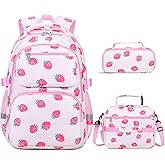 DIGOBAY Kids Backpack for Girls, 3PCS Toddler Girls Backpack Set with Lunch Box & Pencil Case, School Bag Cute Bookbag for Preschool Kindergarten Elementary Student Ages 3-12, Beige Strawberry
