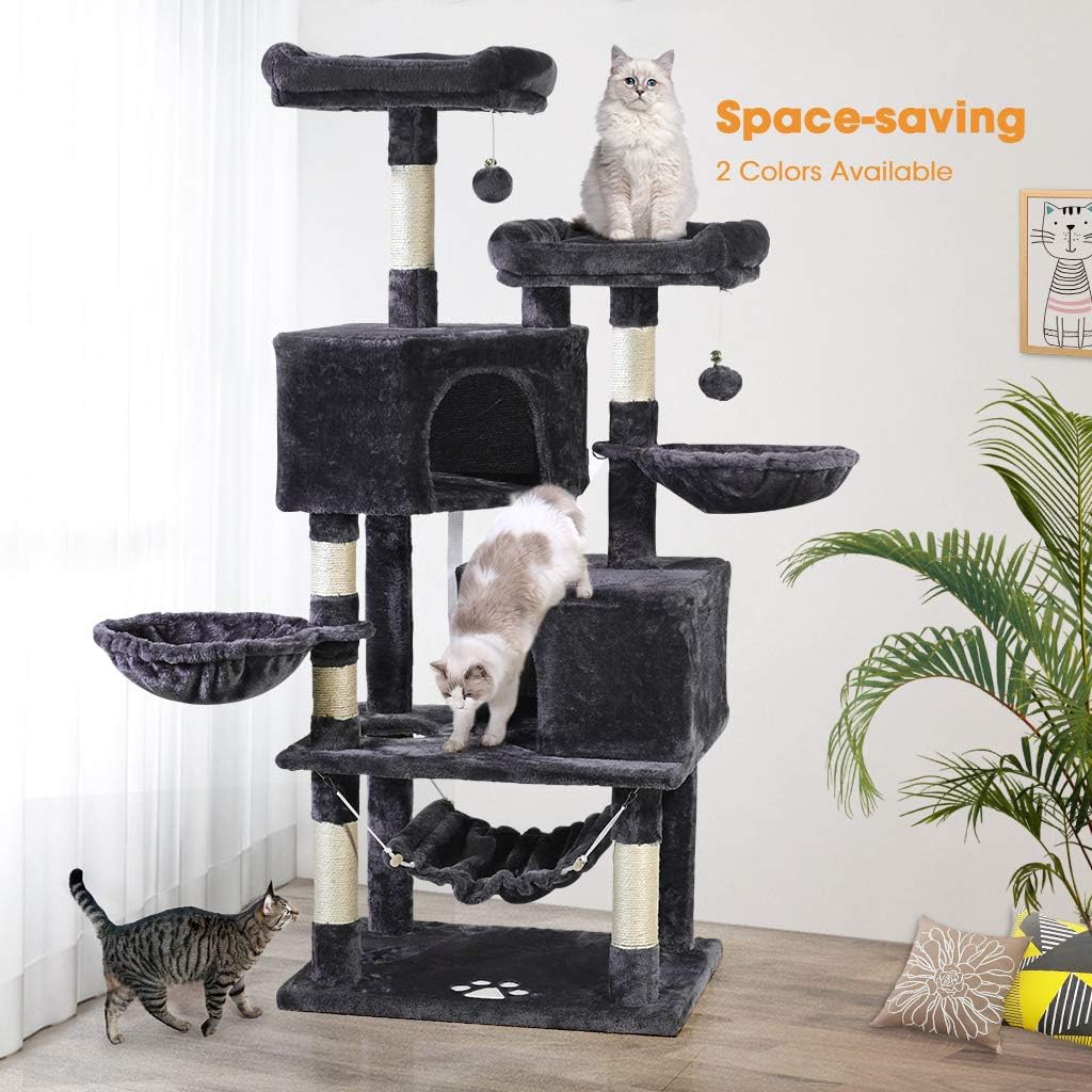 Multi-Level Cat Tree, MQ Cat Tower 57" with Sisal-Covered Scratching Posts Cat Activity Center Play Furniture, Dual Plush Perch, Dual Cat House Condo & Basket, Removable Hammock for Kittens Large Cats : Pet Supplies