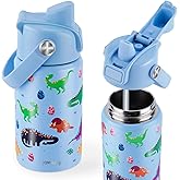 Kids Water Bottle for School 12 oz,Stainless Steel Insulated Water Bottles,Dinosaur Water Bottle for Toddler Boys Girls with Pop-Up Straw-Cap(Dino)